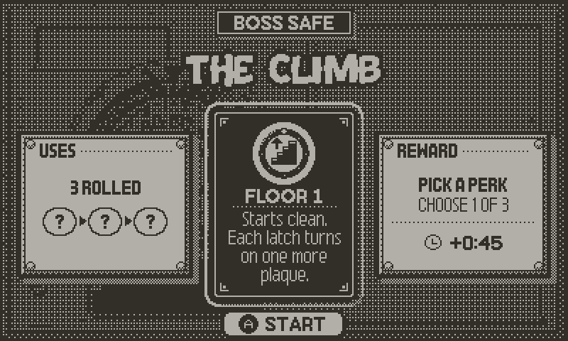 The Climb's intro card, then a boss safe whose dimmed plaques switch on one per latch.
