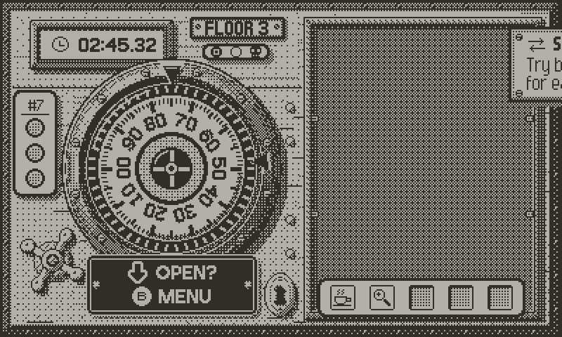 Safu gameplay: the crank turns the dial on a floor 3 safe, the tracker lamps light on each K-CHIK!, the handle is pulled and the SAFE CRACKED! screen slides in.