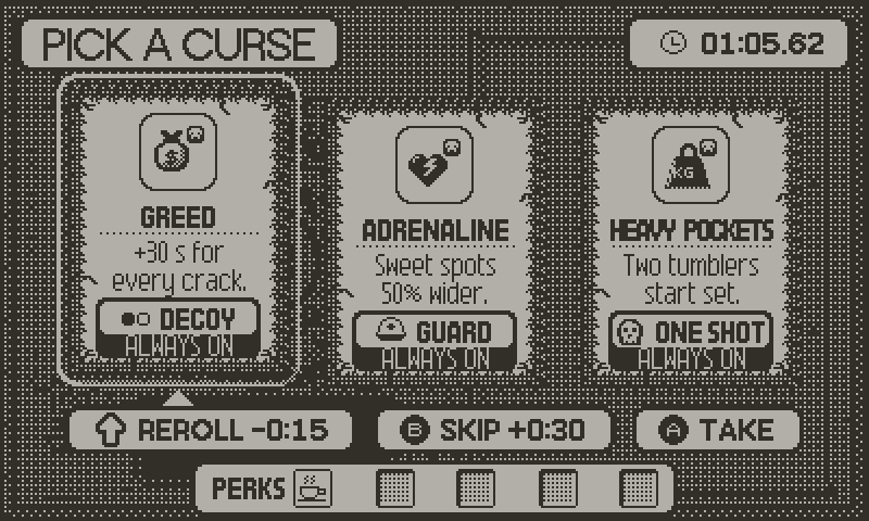 Lupin mode: three cursed perk cards, each chained to a debuff.