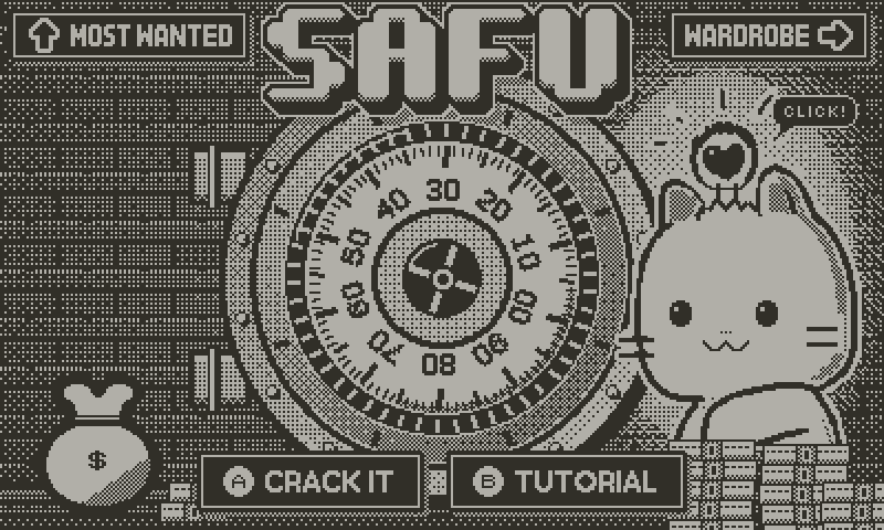 The title screen: Neko listens at the vault while the dial turns itself.