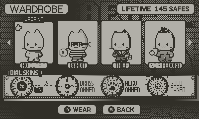 The Wardrobe: browsing Neko's outfits and the dial skins.